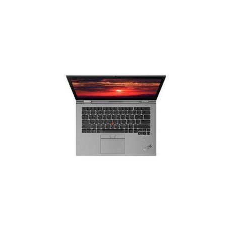A silver Lenovo ThinkPad X1 Yoga G3 with a 14 touch display is partially open, showing a sunset on the screen. The keyboard, trackpad, red TrackPoint, and Certified Refurbished label are visible.
