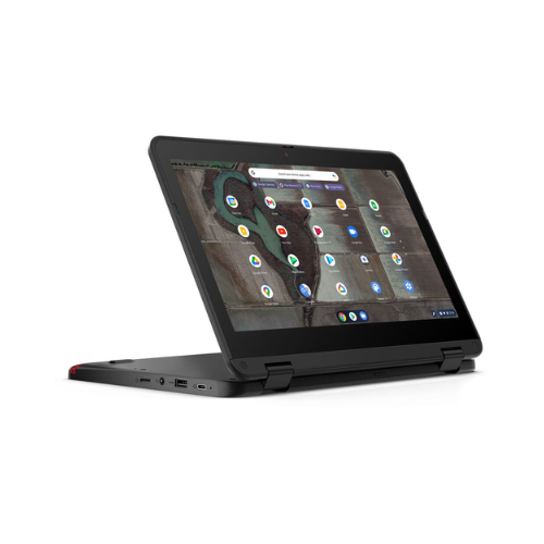 A black Lenovo 500e G3 Chromebook with an 11.6" touchscreen, Intel N4020, 4GB RAM, and 32GB storage is shown in tent mode on a white background, displaying its ports and keyboard edges.