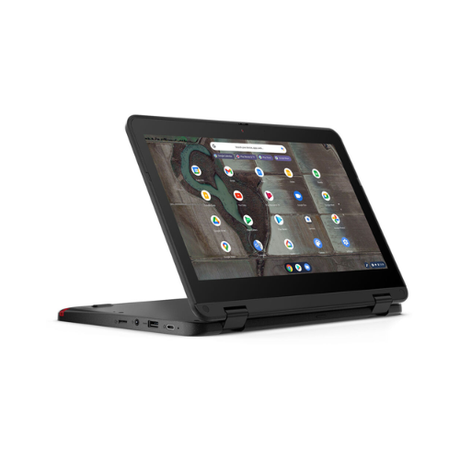 A black Lenovo 500e G3 Chromebook with an 11.6" touchscreen, Intel N4020, 4GB RAM, and 32GB storage is shown in tent mode on a white background, displaying its ports and keyboard edges.