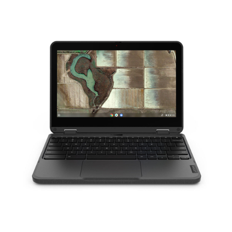 A black Lenovo 500e G3 Chromebook with an 11.6" touchscreen, Intel N4020 processor, 4GB RAM, and textured keyboard sits open on a white background, displaying an aerial landscape image.