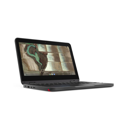 A black Lenovo 500e G3 Chromebook N4020 sits open on a white background, showing its keyboard and side ports from a front-left angle. The 11.6" touchscreen displays a satellite map, highlighting its compact design and Intel N4020 processor with 4GB RAM.