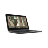 A black Lenovo 500e G3 Chromebook N4020 sits open on a white background, showing its keyboard and side ports from a front-left angle. The 11.6" touchscreen displays a satellite map, highlighting its compact design and Intel N4020 processor with 4GB RAM.