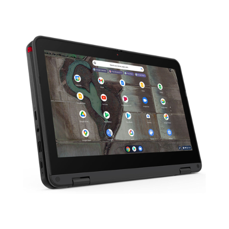 A black Lenovo 500e G3 Chromebook with an Intel N4020 processor, 4GB RAM, and 11.6" touch display is shown in tent mode with the Chrome OS home screen and river field aerial background.