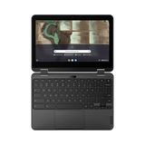 A black Lenovo 500e G3 Chromebook N4020 (11.6" Touch, 4GB RAM, 32GB) is open, showing a top-down aerial image on the screen, with keyboard and trackpad visible against a white background.