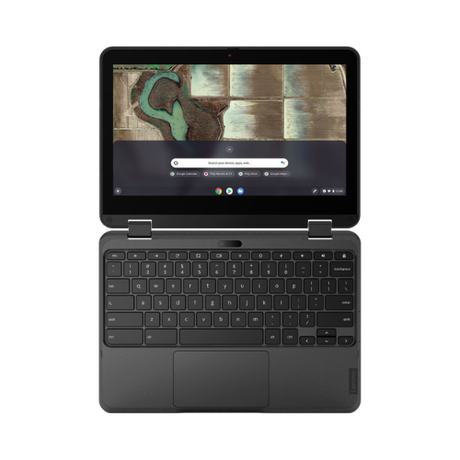 A black Lenovo 500e G3 Chromebook N4020 (11.6" Touch, 4GB RAM, 32GB) is open, showing a top-down aerial image on the screen, with keyboard and trackpad visible against a white background.