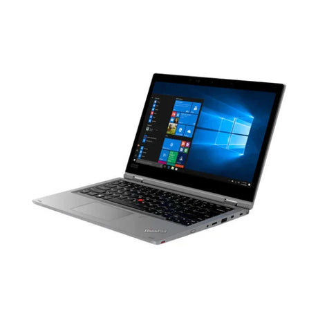 A Lenovo ThinkPad Yoga L390 14" Touch 2-in-1 laptop (i5 8265U, 8GB RAM, 256GB SSD, W11H) is open and powered on, showing the start menu. It’s viewed from the front left against a white background.