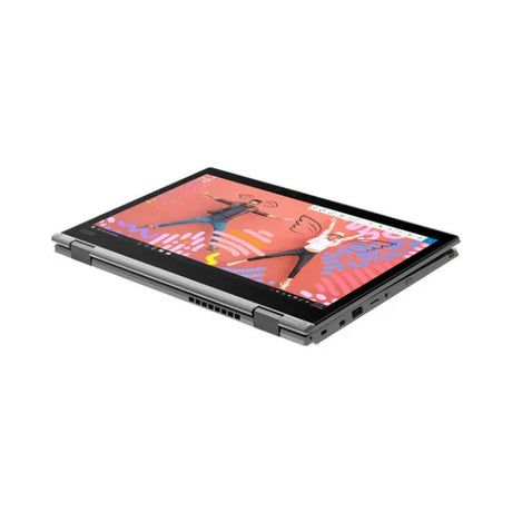 A Lenovo ThinkPad Yoga L390 i5 8265U 14" Touch in tablet mode showcases a vibrant display, slim design, and versatile ports—ideal for business use. Includes 8GB RAM, 256GB SSD, Windows 11 Home, and a 1-year warranty.