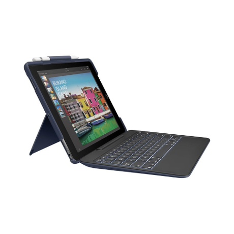 A Logitech Slim Combo Keyboard Case for iPad Pro 10.5" (model 820-008259) with a built-in stand, detachable keyboard, and stylus holder protects your tablet; 1-year warranty included. Brand: Logitech.
