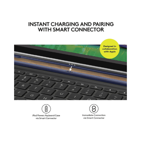 Close-up of a Logitech Slim Combo Keyboard Case for iPad Pro 10.5" (820-008259) attached to a tablet. Text above reads “Instant charging and pairing with Smart Connector.” Icons highlight iPad power, instant connection, and seamless Apple integration.