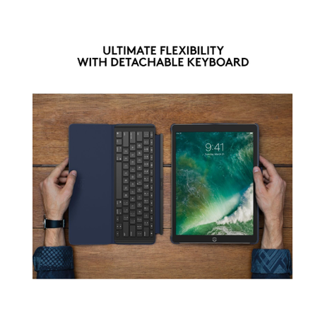 A person's hands hold a Logitech Slim Combo Keyboard Case and an iPad Pro 10.5" showing 9:41, illustrating the product's seamless flexibility. Model: 820-008259, by Logitech, with 1-year warranty, displayed on a wooden surface.