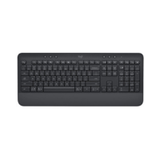 A refurbished black Logitech K650 Signature Wireless Keyboard with full QWERTY layout, numeric keypad, and function keys is shown top-down on a white background—ideal for professional, comfortable typing.