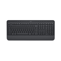 A refurbished black Logitech K650 Signature Wireless Keyboard with full QWERTY layout, numeric keypad, and function keys is shown top-down on a white background—ideal for professional, comfortable typing.
