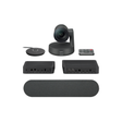 Logitech Rally Plus Video Conferencing System | Wty by Logitech, featuring a central camera, microphone puck, remote, two black hubs, and long speaker bar on a white background. Certified refurbished for reliable performance.