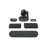 Logitech Rally Plus Video Conferencing System | Wty by Logitech, featuring a central camera, microphone puck, remote, two black hubs, and long speaker bar on a white background. Certified refurbished for reliable performance.