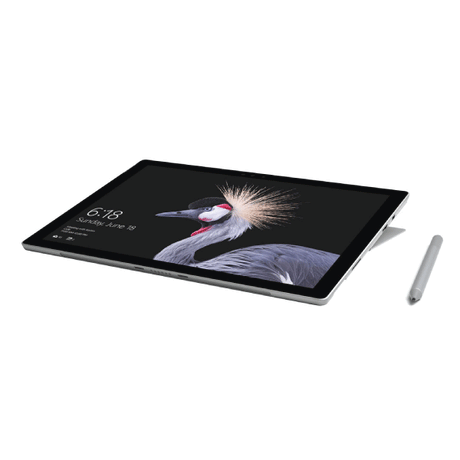 A certified refurbished Microsoft Surface Pro 5 1796 (i5 7300U, 8GB, 128GB, 12" Touch, W10P) by Microsoft sits on a white background with a stylus pen beside it, displaying a bird image and the time 6:18.