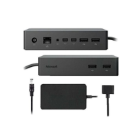 Two black refurbished Microsoft Surface Dock 2 1917 units by Microsoft, supporting dual 4K USB-C displays, multiple USB ports, ethernet, and power input are shown from various angles with a black adapter and cable included below the docks.