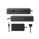 Two black refurbished Microsoft Surface Dock 2 1917 units by Microsoft, supporting dual 4K USB-C displays, multiple USB ports, ethernet, and power input are shown from various angles with a black adapter and cable included below the docks.