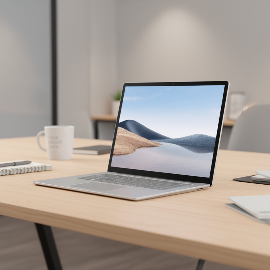A certified refurbished Microsoft Surface Laptop 4 i5 1145G7 13.5" Touch (8GB/512GB, W11P) sits on a wooden desk with notebooks, papers, a pen, and a white coffee mug in a bright modern office.