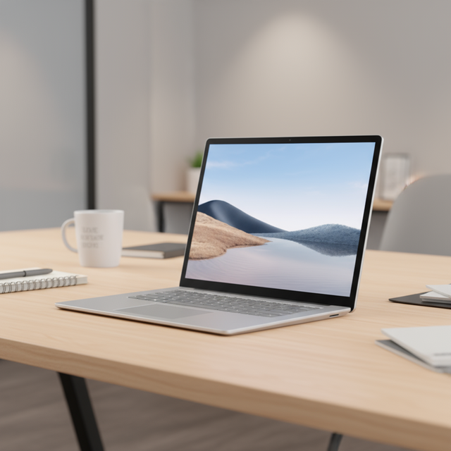 A certified refurbished Microsoft Surface Laptop 4 i5 1145G7 13.5" Touch (8GB/512GB, W11P) sits on a wooden desk with notebooks, papers, a pen, and a white coffee mug in a bright modern office.