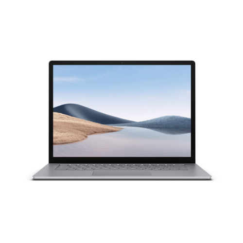 A certified refurbished Microsoft Surface Laptop 4 (13.5", i7-1185G7, 16GB, 256GB, W11H) by Microsoft is open and centered against a plain white background, its display showing a peaceful landscape of sandy hills, water, and blue sky.