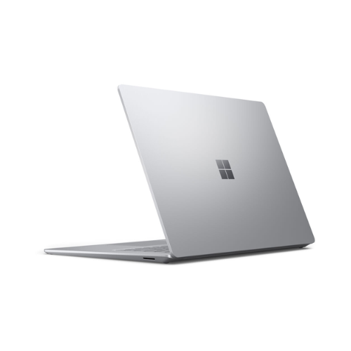 A silver certified refurbished Microsoft Surface Laptop 4 i7 1185G7 3GHz 16GB 256GB 13.5" W11H by Microsoft is open at a slight angle, showing the Windows logo on the back against a plain white background.