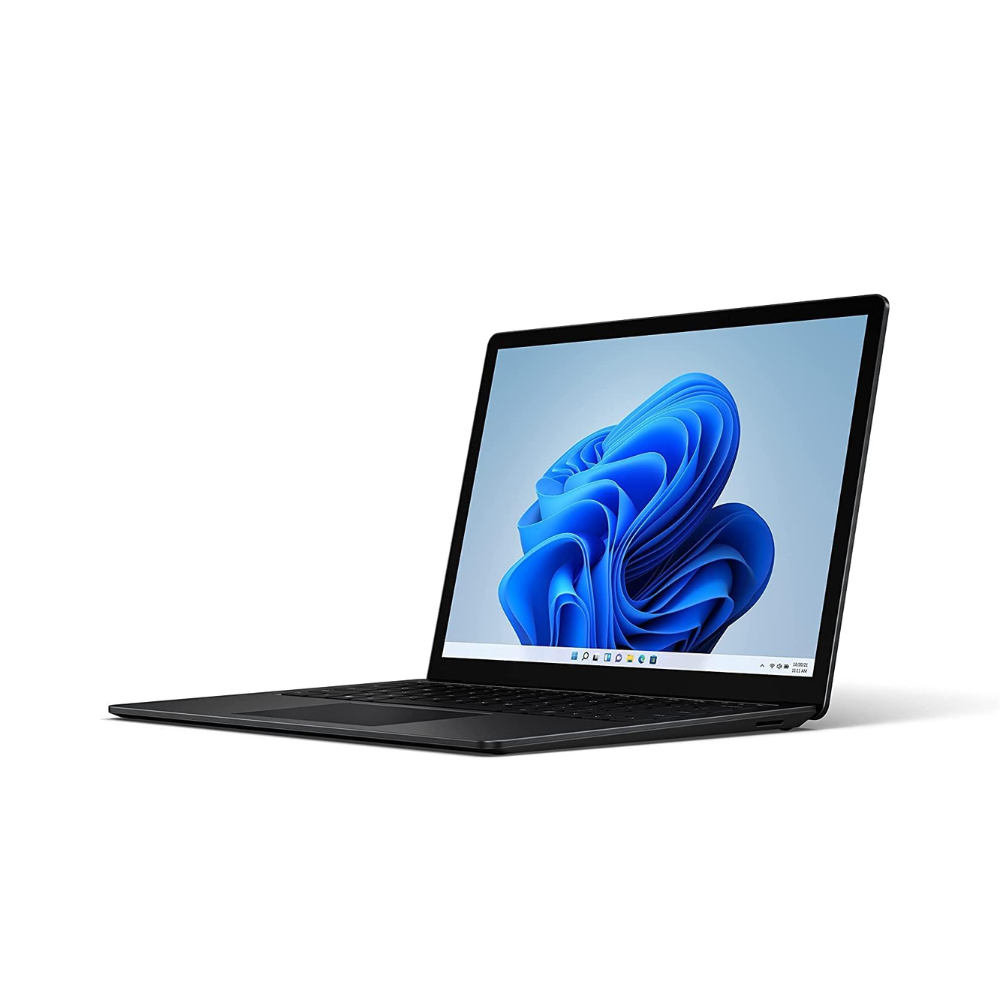 A slim black Certified Refurbished Microsoft Surface Laptop 5 (i7 1265U, 16GB RAM, 256GB SSD, 13.5" touchscreen) by Microsoft stands open on a white background, showing a blue abstract graphic on its screen in modern minimalist style.