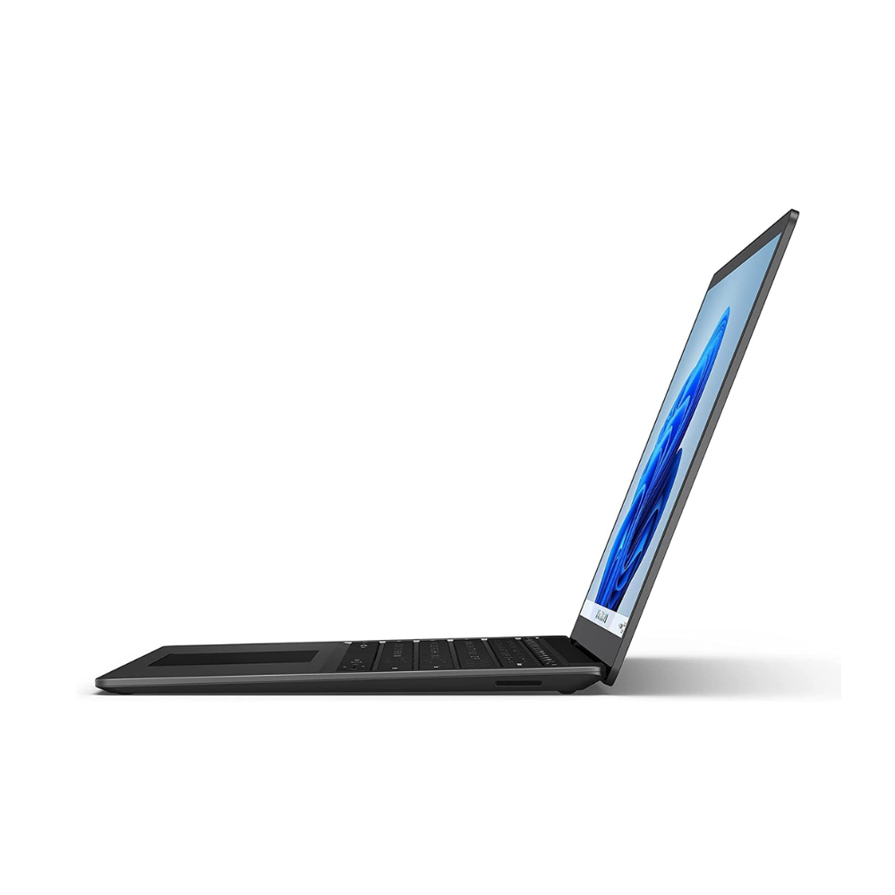 A slim Certified Refurbished Microsoft Surface Laptop 5 i7 with 13.5" touchscreen, 16GB RAM, and 256GB storage is shown side-on with its screen open wide, revealing a blue abstract wallpaper and keyboard against a white background.