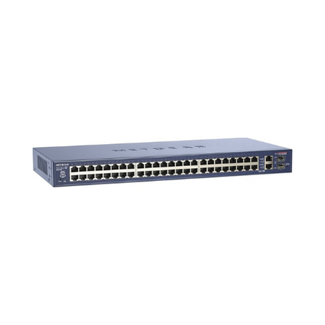 The Netgear FS750T2 is a refurbished 48-Port 10/100 Smart Switch with 2 Gigabit and 2 SFP ports, rack-mountable in a sturdy metal case, offering reliable network connectivity and warranty.