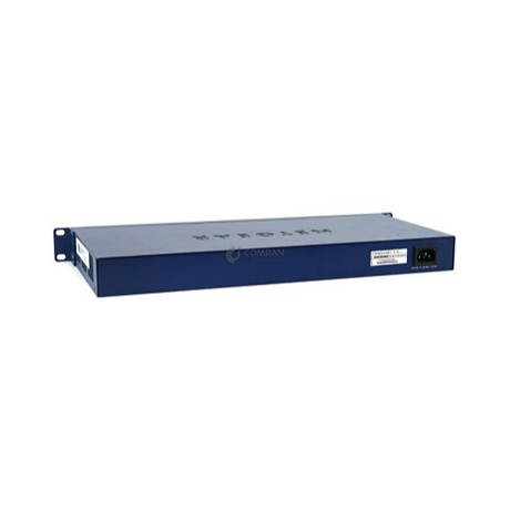 A blue, rectangular Netgear FS750T2 48-Port 10/100 Smart Switch (refurbished) is shown angled to reveal the rear with power input and mounting brackets; ventilation holes are visible on top.