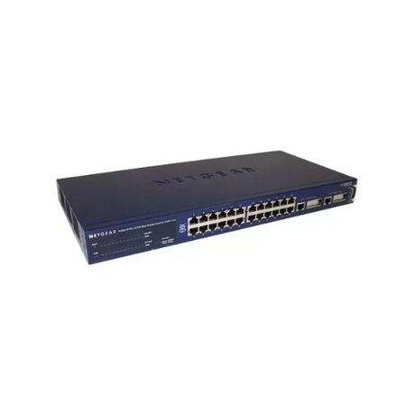 A NETGEAR FSM726 24-Port 10/100 Managed Switch with 2 Gigabit combo ports, shown from the front in a dark blue metal case, is displayed against a white background.