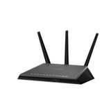 A black NETGEAR Nighthawk R7000 AC1900 Dual Band Gigabit WiFi Router with three upright antennas and front indicator lights, displayed against a plain white background.