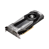 A refurbished silver and black nVidia GeForce GTX 1080 8GB GDDR5X VR Ready GPU with geometric design, cooling fan, and multiple display ports is shown angled on a white background.