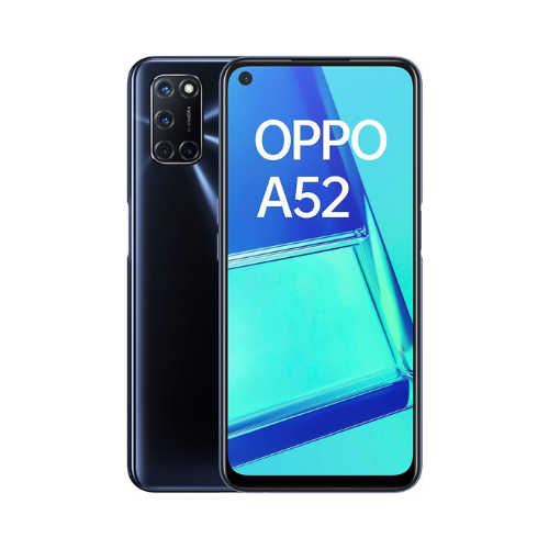 Front and back view of a certified refurbished OPPO A52 CPH2069 64GB 4GB RAM Unlocked Dual SIM smartphone by OPPO, featuring a rectangular quad-camera setup and powered by Qualcomm Snapdragon 665.