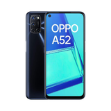 Front and back view of a certified refurbished OPPO A52 CPH2069 64GB 4GB RAM Unlocked Dual SIM smartphone by OPPO, featuring a rectangular quad-camera setup and powered by Qualcomm Snapdragon 665.