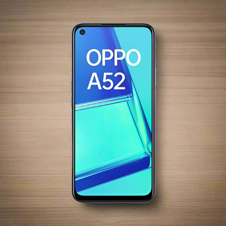 An OPPO A52 CPH2069 smartphone with 64GB storage, 4GB RAM, and Dual SIM, featuring a front camera in the top left corner, rests on a wooden surface. This certified refurbished OPPO device offers style and performance.
