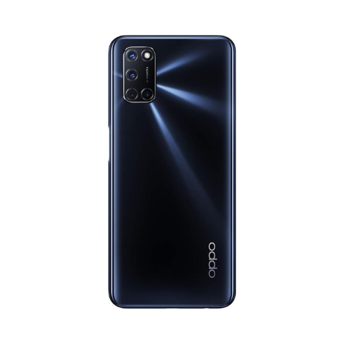 A black OPPO A52 CPH2069 64GB 4GB RAM Unlocked Dual SIM smartphone is shown from the back, highlighting its rectangular triple camera with flash, Oppo logo at the bottom right, and a subtle reflective light pattern. Certified refurbished.