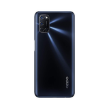 A black OPPO A52 CPH2069 64GB 4GB RAM Unlocked Dual SIM smartphone is shown from the back, highlighting its rectangular triple camera with flash, Oppo logo at the bottom right, and a subtle reflective light pattern. Certified refurbished.