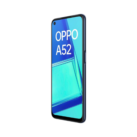 A blue OPPO A52 CPH2069 64GB 4GB RAM Unlocked Dual SIM smartphone stands upright at an angle, displaying "OPPO A52" on its screen against a blue geometric background.