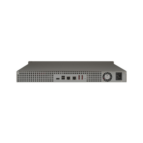 Front view of a refurbished QNAP TS-419U+ 4-Bay 1U Rackmount NAS, featuring 4 x 2TB drives, ventilation grid, network and USB ports, indicator lights, cooling fan, power socket. Designed for rack mounting.