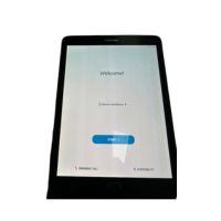 A certified refurbished Samsung Galaxy Tab S2 SM-T815Y 9.7" 32GB Black Tablet with screen burn shows a welcome screen with a blue “Start” button centered, plus emergency call and accessibility options below on a white background.