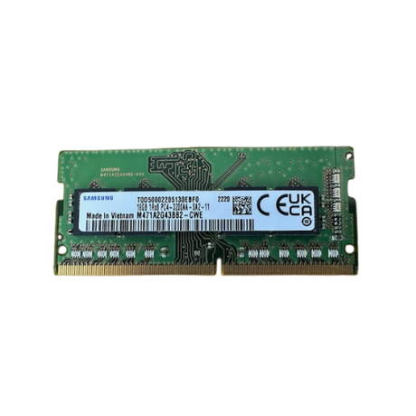 The Generic Samsung 16GB 1Rx8 PC4-3200 SODIMM Memory, with a green board, black chips on one side, and a white specs label, is ideal for RAM upgrades in laptops or desktops. Includes a 1-year warranty. Made in Vietnam.
