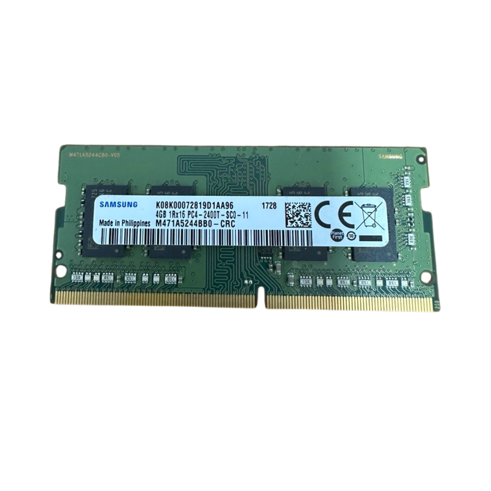 A refurbished Mix Samsung 4GB 1Rx16 DDR4 2400MHz SO-DIMM Laptop RAM module (PC4-2400T Wty) with a white label showing specs and barcodes, gold connectors visible at the bottom, on a white background.