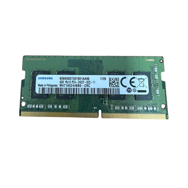 A refurbished Mix Samsung 4GB 1Rx16 DDR4 2400MHz SO-DIMM Laptop RAM module (PC4-2400T Wty) with a white label showing specs and barcodes, gold connectors visible at the bottom, on a white background.