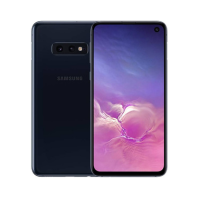 A Samsung Galaxy S10e 128GB Prism Black smartphone (PARTS ONLY) is shown from front and back, displaying a vibrant pink-purple screen and a rear horizontal dual camera with flash.