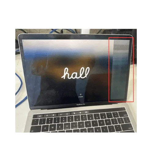 An Apple MacBook Pro 2019 A2159 i5 8257U 1.4GHz 16GB 256GB SSD 13" shows “hall” on screen with a vertical, discolored band outlined in red on the right—affordable for those open to minor flaws. Brand: Apple.