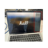 An Apple MacBook Pro 2019 A2159 i5 8257U 1.4GHz 16GB 256GB SSD 13" shows “hall” on screen with a vertical, discolored band outlined in red on the right—affordable for those open to minor flaws. Brand: Apple.