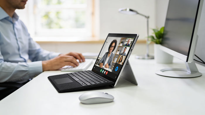 Professional using Microsoft Surface tablet with keyboard for video conference call