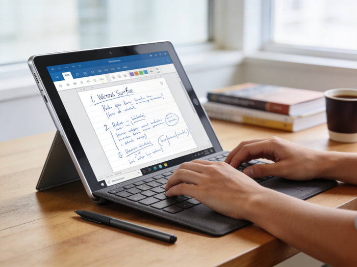 Microsoft Surface tablet with keyboard and stylus pen on wooden desk