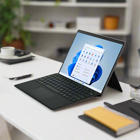 A refurbished Microsoft Surface Pro 8 i7 1185G7 3GHz 16GB 256GB 13" Touch W11P with detachable keyboard is on a white desk showing the Windows 11 start menu, surrounded by office items, with shelves and plants blurred in the background.
