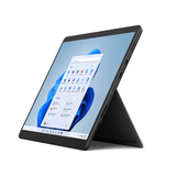 A refurbished Microsoft Surface Pro 8 i7 1185G7 3GHz 16GB 256GB 13" Touch W11P by Microsoft is displayed angled on a white background, featuring its built-in kickstand and the Windows 11 home screen.